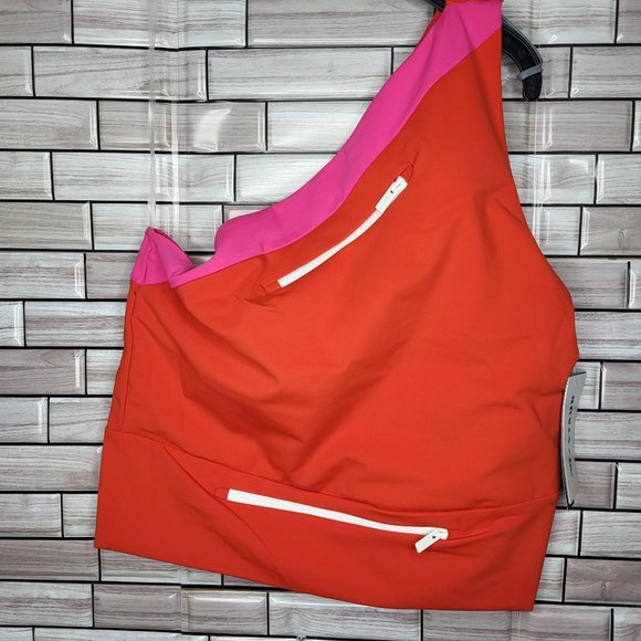NWT‎ New Balance STAUD Performance CROP TOP Large Red Pink Color Block Fitness - Picture 1 of 15